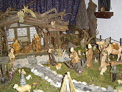 Detail from a German nativity scene, the Holy Family and the three wise men