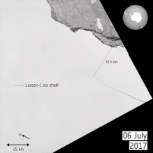 Le satellite Sentinel-3A montre la péninsule antarctique et la plateforme glaciaire adjacente de Larsen, d'où s'est détaché un énorme iceberg en juillet 2017.