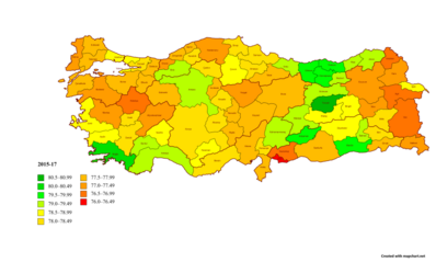 Life expectancy map of Turkey 2015-17 with names.png