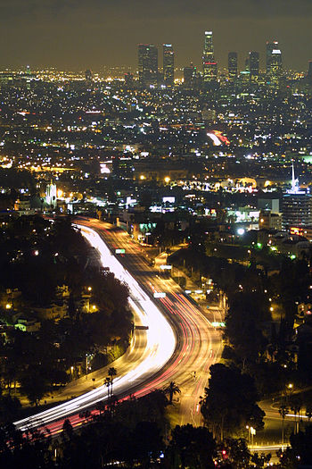 Nighttime view of Downtown Los Angeles and the...