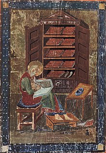 Early medieval bookcase containing about ten codices depicted in the Codex Amiatinus
(c. 700) Meister des Codex Amiatus 001.jpg