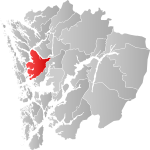 Mapa do condado de Hordaland com Bergen em destaque.