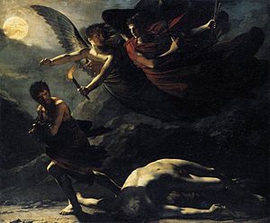 darkly shaded painting of two winged angels chasing man who runs away from a fallen, naked man attacked and subdued for his clothing