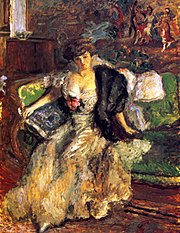 Peinture en couleur figurant une femme êtue d'une robe blanche assise sur un divan.