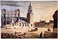 Place d'Armes in 1828; Notre-Dame Basilica is under construction