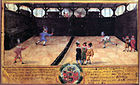 Tennisspielende Studenten auf der Zeichnung aus dem Notizbuch eines Studenten, die das Ballhaus des Collegium Illustre in Tübingen zeigt; um 1598