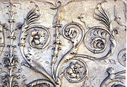 Close up on the sculpted detail of the Ara Pacis (Altar of Peace), 13 BC to 9 BC.