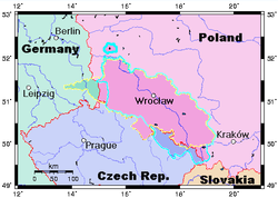 Porosz Szilézia 1871.: sárga; Szilézia a hétéves háború befejezésekor 1763-ban: világoskék (a ma Csehország területén lévő rész akkor osztrák fennhatóság alatt)