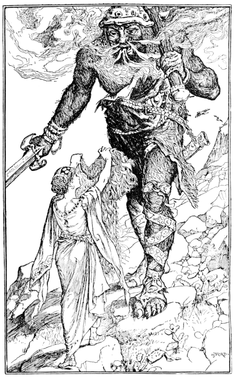 black ans white full page illustration of a giant charging down a rocky slope towards a young woman holding up a shirt made of locks of hair. The giant has a sword in one hand and a club in the other and smoke billowing from his nostrils. The giant is around twice the woman's height but stopping slightly at her and is quite close to her. His whole body is covered in hair and he wears a jeweled helmet with a chainmail hood, a rough edged fur toga-ish garment covering one shoulder and held in place with a belt, and an ornate strap with a scabbard chained to it, and ornately-strapped sandals that wind up his legs. He has finger and toe claws and bracelets on both arms. The young woman wears a braided bun and fancy cap or hair ornament, a flowing dress with embroidery at the edges of it's long dangling sleeves which blow in the wind and ribbon set into the belt and neckline, and pointed slippers with decorative cutouts or panels. The hair shirt is short sleeved and very large with many visible wavy tresses.