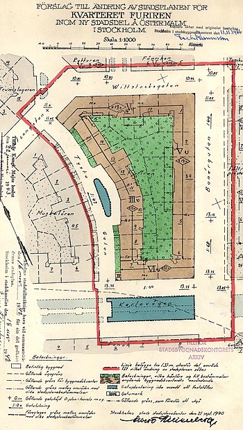 Gällande stadsplaner från 1943 för kvarteret Musketören (till vänster) och Furiren.