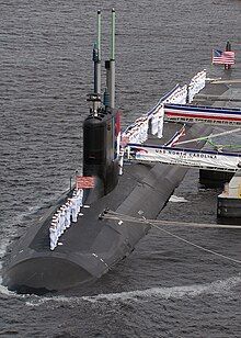 USS North Carolina, the last Block I boat, at her commissioning ceremony. Her advanced masts are visible in this image. USS North Carolina (SSN-777) commissioning 2.jpg