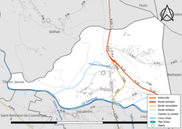 Carte en couleur présentant le réseau hydrographique de la commune