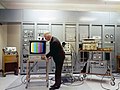 Image 11A color television test at the Mount Kaukau transmitter site, New Zealand in 1970. A test pattern with color bars is used to calibrate the signal. (from Color television)