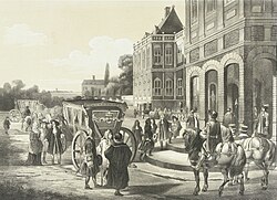 19th century depiction of the arrival of diplomats in Ryswick Aankomst van de afgevaardigden op het Huis ter Nieuburch te Rijswijk, 1697 1697 De vrede van Rijswijk. (Aankomst der afgevaardigden op het Huis Nieuwburg.) (titel op object), RP-P-OB-82.906.jpg
