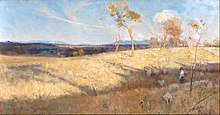 Arthur Streeton's 1889 landscape Golden Summer, Eaglemont, held at the National Gallery of Australia, is an example of Australian impressionism. Arthur Streeton - Golden summer, Eaglemont - Google Art Project.jpg