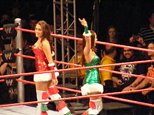 Two dark-haired caucasian female identical twins are standing in a wrestling ring with red ropes, facing in opposite directions. They are both wearing dresses in the fashion of 'Santa Claus', although one is red and one is green.