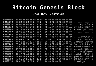 The genesis block of Bitcoin's blockchain, with a note containing The Times newspaper headline. This note has been interpreted as a comment on the instability caused by fractional-reserve banking. Bitcoin-Genesis-block.svg