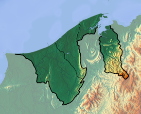 A topographic and geographic limits map of Brunei Brunei location map Topographic.png