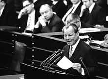 Willy Brandt, German Chancellor and Nobel Peace Prize laureate of 1971 Bundesarchiv B 145 Bild-F033246-0022, Bonn, Bundestag, Rede Bundeskanzler Brandt.jpg