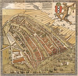 Ansicht von Amsterdam um 1544 (Ausschnitt aus einem kolorierten Holzschnitt von Cornelis Anthonisz), links der zentral verlaufenden Amstel die Oude Zijde, rechts davon die Nieuwe Zijde