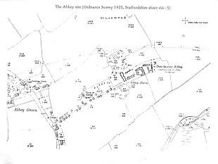 Plan en anglais, de type cadastral, montrant des bâtiments ou anciens bâtiments situéa parallèlement à une rivière.