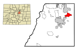 Location of The Pinery CDP in Douglas County, Colorado.