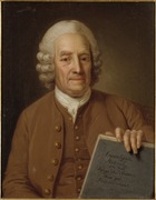 Porträtt av Emanuel Swedenborg vid 75 års ålder hållande manuskriptet av Apocalypsis Revelata (Uppenbarelseboken avslöjad) från 1766. Målningen är utförd av Per Krafft och finns i Statens porträttsamling på Gripsholms slott.