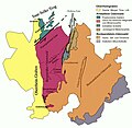 Geologische Karte des Odenwaldes (Stein, 2001 + Weber, Geo-Naturpark)[30]