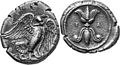Lynstråle og ørn på ein mynt frå Olympia i Hellas frå ca. 432-421 f.Kr.