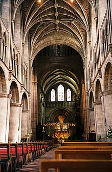 Hereford is one of the church's forty-three cathedrals, many with histories stretching back many centuries Hereford Cathedral Interior May 2004.jpg