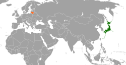 Карта с указанием местоположения Японии и Литвы