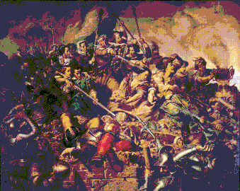 Kenau Simonsdochter Hasselaer defending the walls during the Siege of Haarlem (1572–1573)
