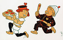 boy running with tray of tarts, pursued by a baby-faced policeman with a truncheon