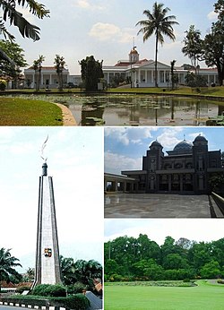 Сверху по часовой стрелке: Богорский дворец, Большая мечеть Богора, Богорский ботанический сад, памятник Куджан.