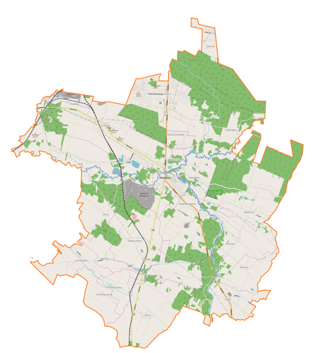 Mapa konturowa gminy Morawica, w centrum znajduje się punkt z opisem „Morawica”