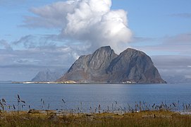 View of Mosken from Værøy, looking north