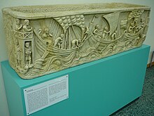 Roman sarcophagus from the 3rd century. It is the oldest representation of a spritsail. Museum fur Antike Schifffahrt, Mainz 01. Spritsail.jpg