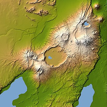 A topographic map of Ngorongoro Crater in northern Tanzania, the world's largest inactive, intact, and unfilled volcanic caldera, which formed when an immense volcano erupted and collapsed on itself 2-3 million years ago. The floor of the caldera is 600 metres (2,000 ft) below its rim and covers more than 260 square kilometres (100 sq mi). Ngorongoro topo.jpg