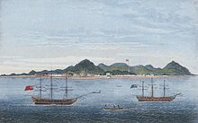 An 1810 engraving depicting the eastern side of George Town Penang Museum historical painting M141b.jpg