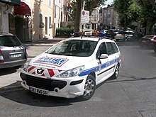 Police municipale Peugeot car in Antibes, Provence-Alpes-Cote d'Azur. Peugeot Police Municipale.JPG
