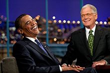 Late-night talk shows often feature guest interviews. Barack Obama (left) is seen here being interviewed by David Letterman (right). President Barack Obama with David Letterman 09-21-09.jpg