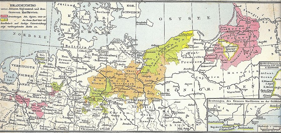 Brandenburg-Preisimaa. Oranž: Brandenburgi kuurvürstkond; punane: Johann Sigismundi ajal; roheline/kollane: Friedrich Wilhelm I ajal