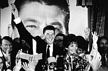 The Reagans celebrating Ronald's victory in the 1966 California gubernatorial election at The Biltmore Hotel in Los Angeles
