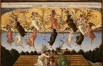 "Nativity Mistica" by Botticelli (1500). The verdigris green glaze of the angels costumes, painted over gold leaf, have degraded and darkened with time.