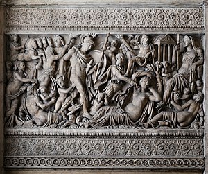 Rape was embedded in the most familiar founding myth of Rome: Romulus and Remus were born from the rape of Rhea Silvia by the god Mars (Roman sarcophagus, 3rd century CE) Sarcofago di marte e rea silvia, 225-230 dc ca. 01.jpg
