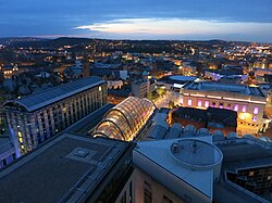Sheffield skyline by night as viewed from St Paul's Tower. Comprising briefly: Mercure St Pauls Hotel, Sheffield Winter Garden, The Lyceum Theatre, The Crucible Theatre. Photo taken: June 2013.