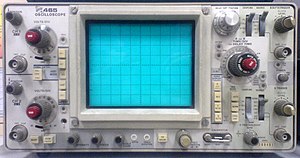 Type 465 Tektronix oscilloscope. This was a popular analog oscilloscope, portable, and is a representative example. Tektronix 465 Oscilloscope.jpg