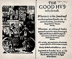 A borrowed frontispiece and the title page, 1610 edition The Good Huswifes Jewell Frontispiece 1610.jpg