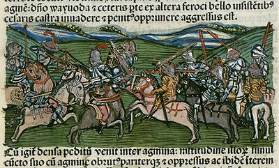 Chronica Hungarorum, Thuróczy chronicle, Battle of Varna, King Vladislaus I of Hungary, Władysław III of Poland, John Hunyadi, Hungary, Hungarians, Ottoman Empire, Ottomans, campaign, battle, fight, horses, armored soldiers, cavalry, Hungarian flag, Hungarian coat of arms, medieval, Hungarian chronicle, book, illustration, history