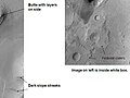 Tikhonravov Crater Floor with two pedestal craters, as seen by Mars Global Surveyor. Click on image to see dark slope streaks and layers. Image in Arabia quadrangle.